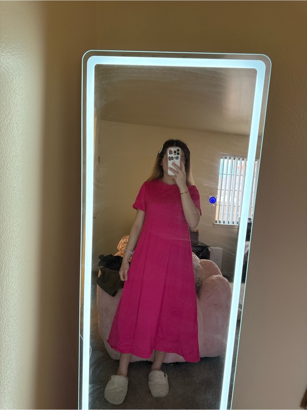 Classic Short-Sleeve Midi Dress in Hot Pink